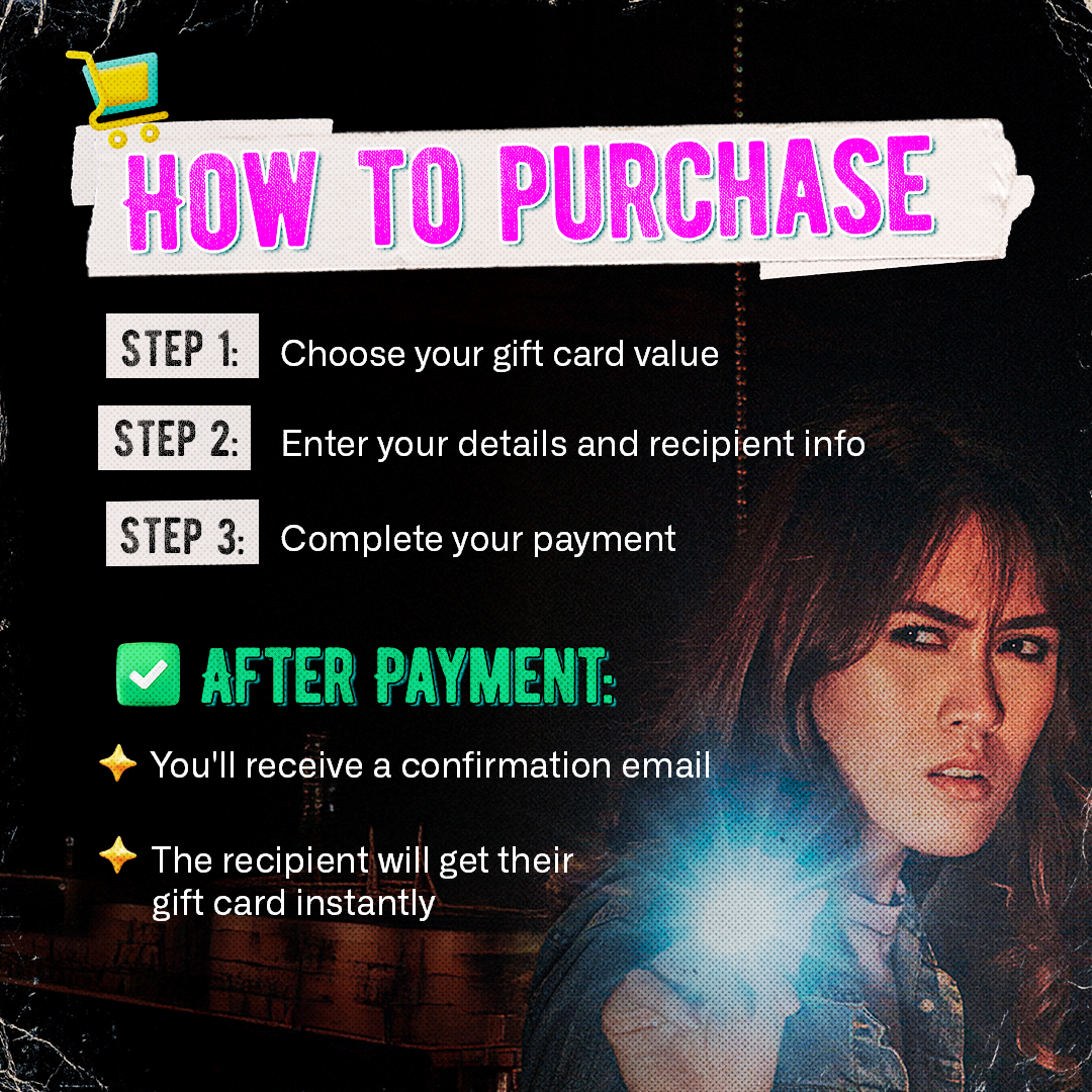 How to purchase Breakout Gift Card with 3 easy steps, Step 1 : Choose your gift card value, Step 2 : Enter your details and recipient info, and step 3 : complete your payment. After payment is made, you'll receive a confirmation email and the recipient will get the gift card immediately
