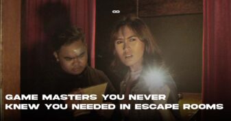 Players playing escape room with blog title